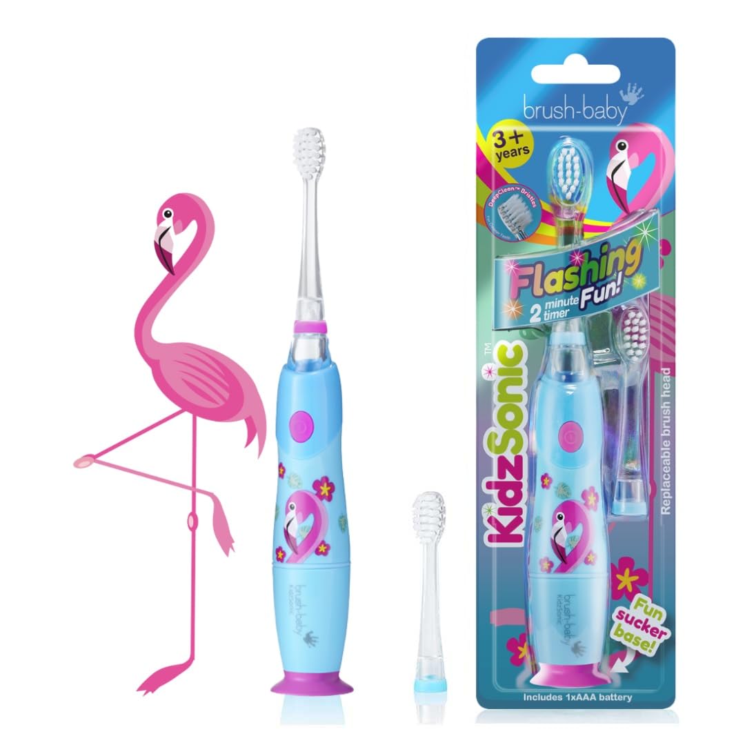 Brush Baby KidzSonic Toddler and Kid Electric Toothbrush for Ages 3+ Years - Disco Lights, Gentle Vibration, and Smart Timer Provide a Fun Brushing Experience - 2 Brush Heads Included - Flamingo
