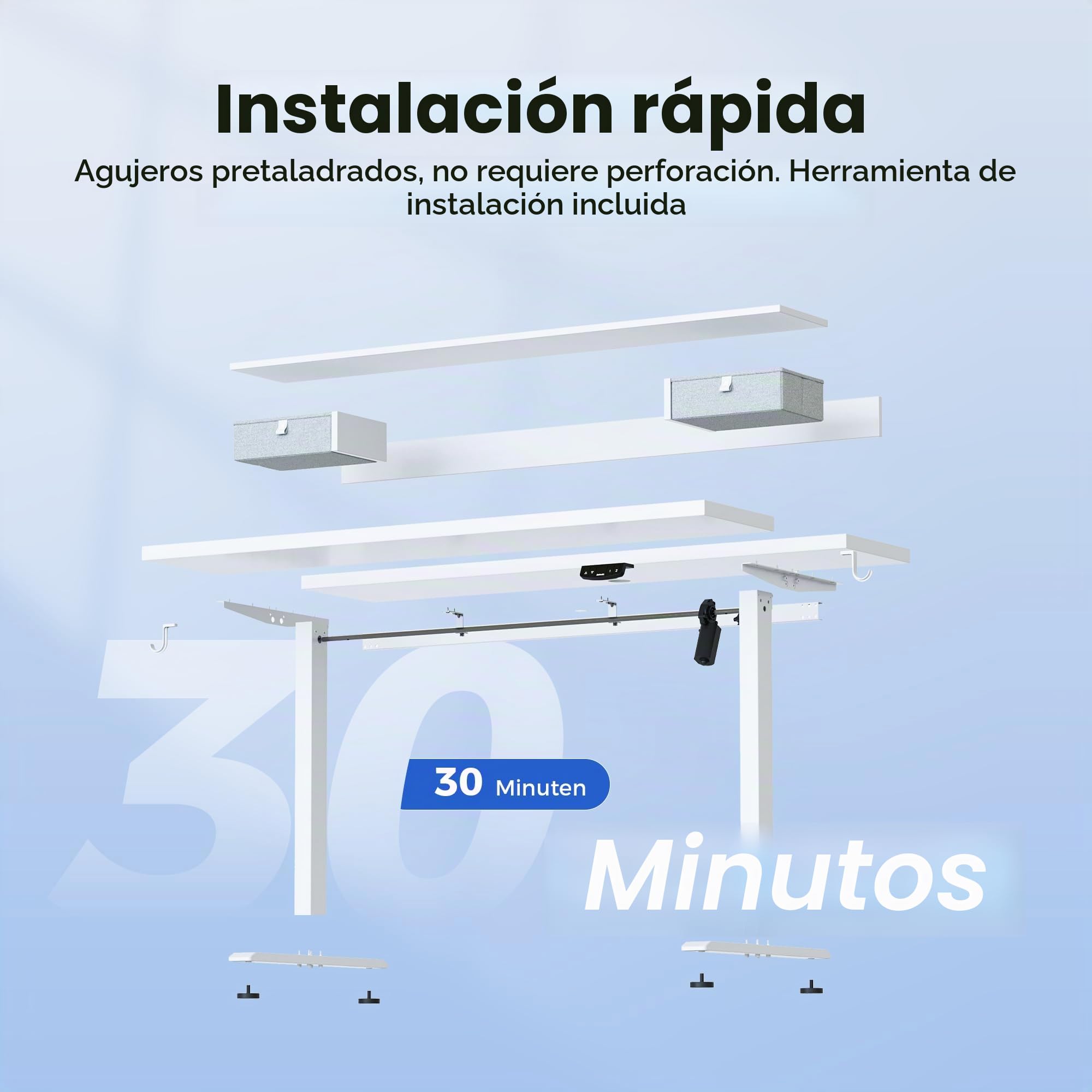 Agilestic Escritorio Elevable Eléctrico 100x60 cm 2 Cajones, Blanco | Altura eléctrica regulable con 2 memorias, anticolisión y motor silencioso. Carga 70 kg, ideal oficina/gaming.