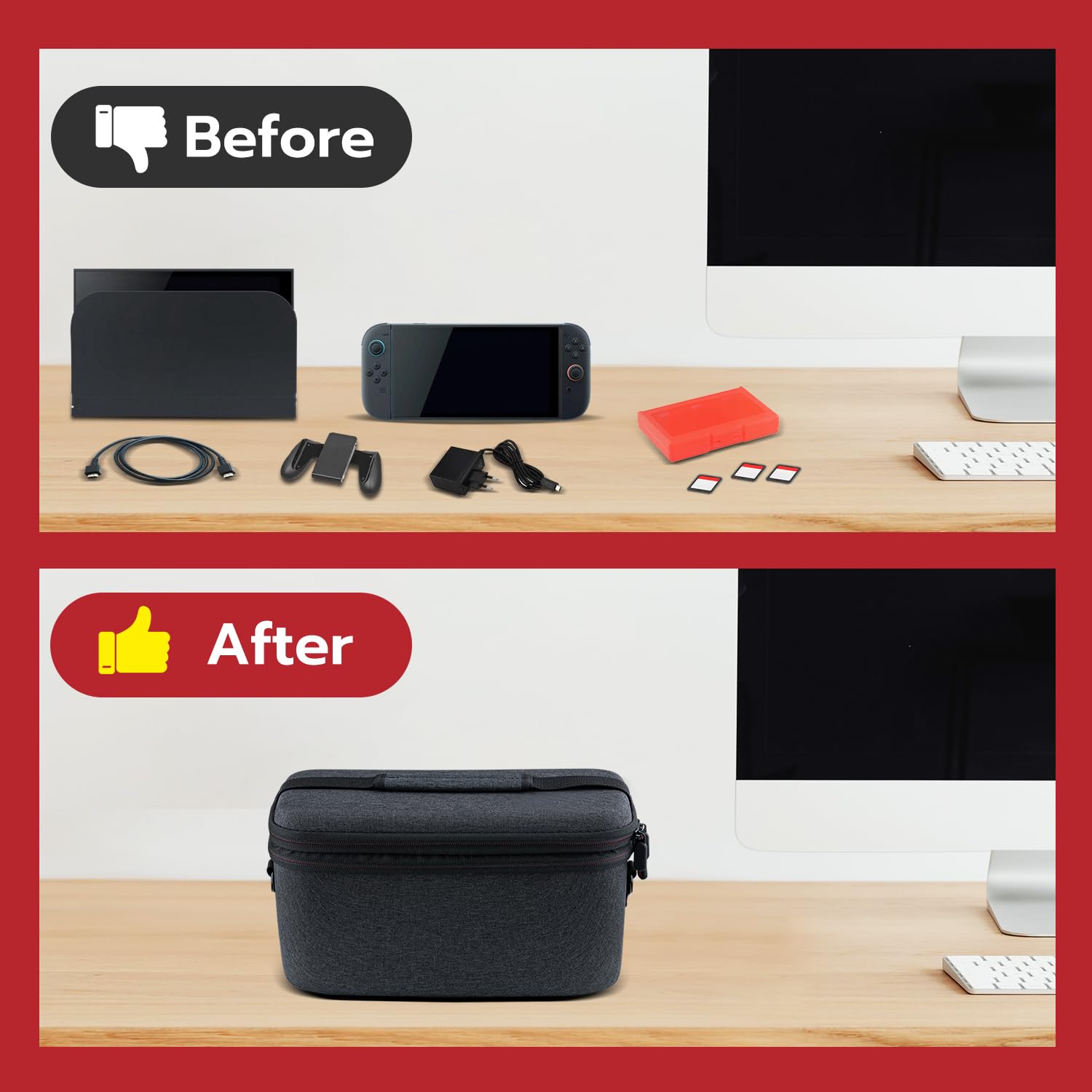 Mcbazel Dwuwarstwowa torba ochronna wodoodporna twarda obudowa do konsoli NS Switch 2, kontrolera, gamepada, bazy ładującej i akcesoriów z 24 kartami do gry - ciemnoszary