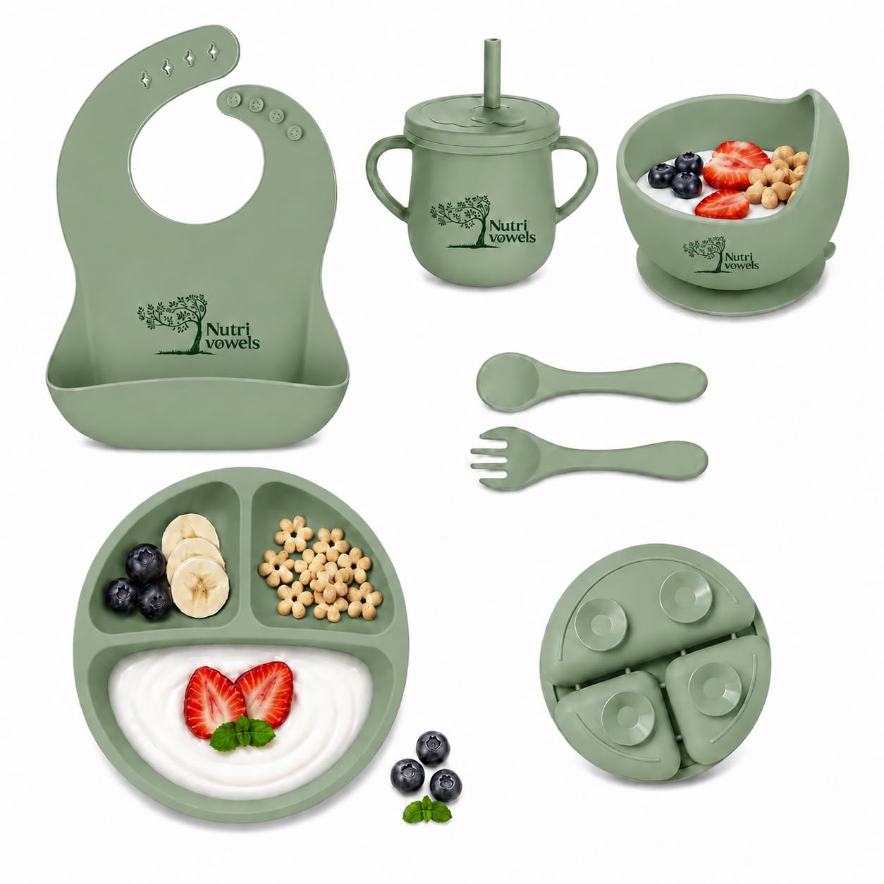 NUTRIVOWELS 6 Pcs Silicone Baby Feeding Set Bpa-Free,Microwave Safe,Anti-Slip Base | Complete Tableware Kit for Babies & Toddlers with Suction Plate,Bowl,Cup, Spoon,Fork & Bib (Dark Pink)-image-43