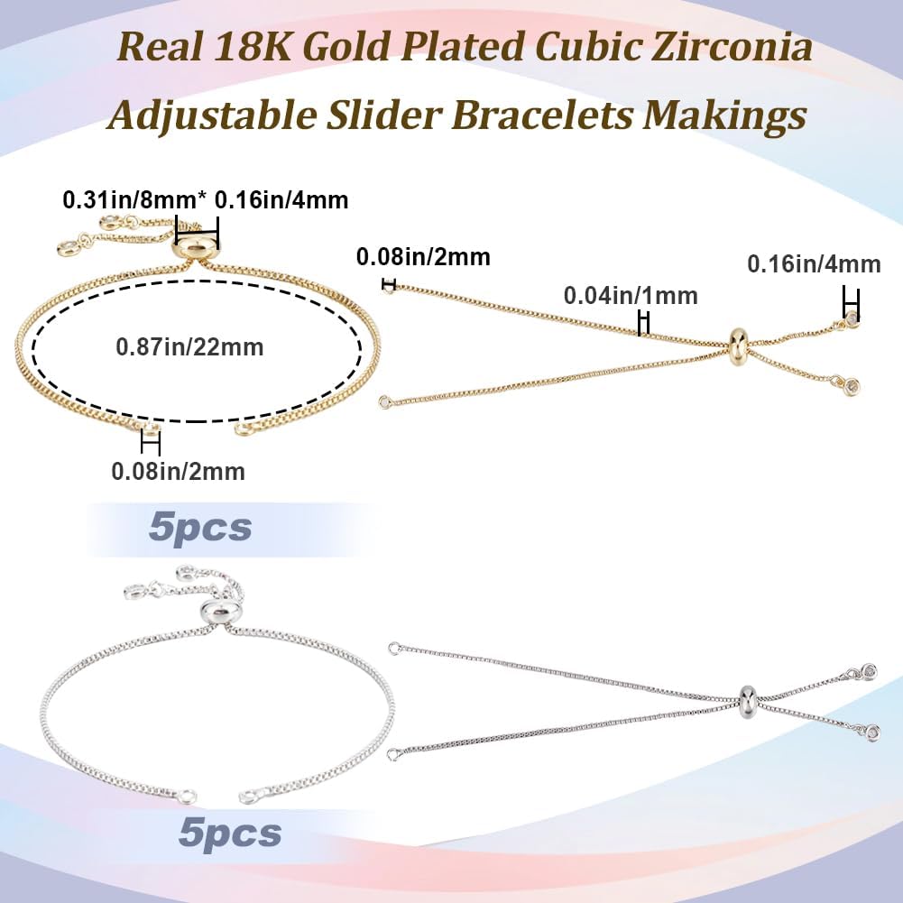 Beebeecraft 10Pcs 2 Colors Adjustable Slider Bracelet Chain 18K Gold Plated Cubic Zirconia Italian Ball Bead Chain Link Necklace Making for DIY Craft Jewelry - Image 2