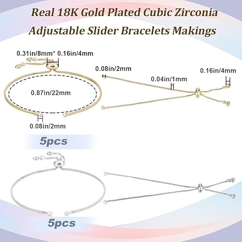 Miniatura 2 de Beebeecraft 10 unidades de 2 colores ajustables deslizantes cadena de pulsera chapada en oro de 18 quilates con circonita cúbica italiana bola de