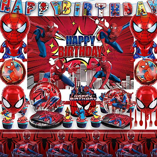 Spider Birthday Decorations, Superhero Spider Party Supplis Include Backdrop, Foil Balloons, Tablecloth, Plates, Napkins, Cake Toppers, Spider Birthday Party Supplies For Kids #TOP16