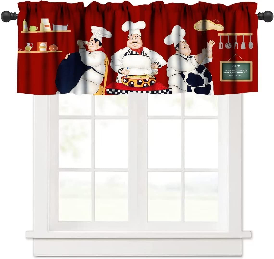 Kitchen Curtains Chef Valances for Windows Rod Pocket Curtain Three Fat Chefs Style Print Drape Valance Blackout Kitchen Window Curtains Window Treatments for Bedroom Living Room, One Panel W52xL18in