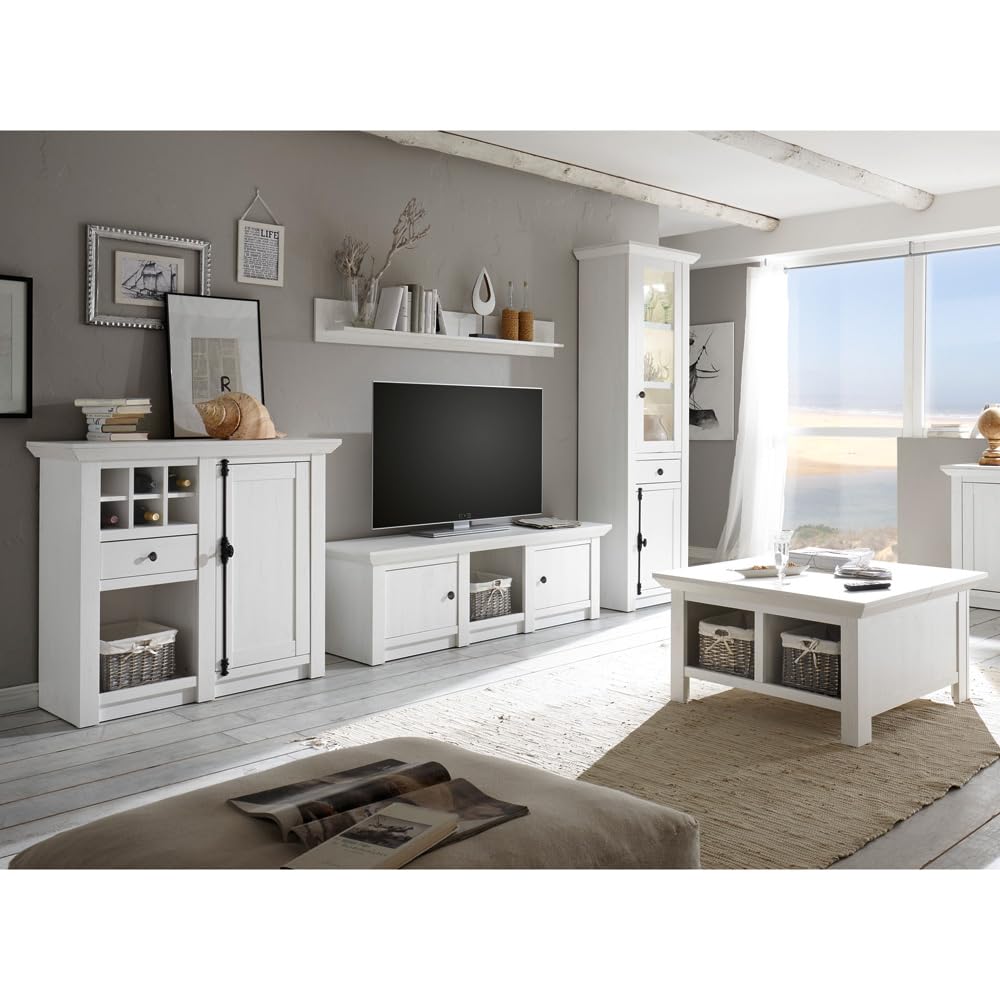 Lomadox Wohnzimmer Wohnwand Set inkl. Couchtisch Landhaus-Stil Pinie weiß Nb.Stellmaß Vitrine ca. 63 cm
