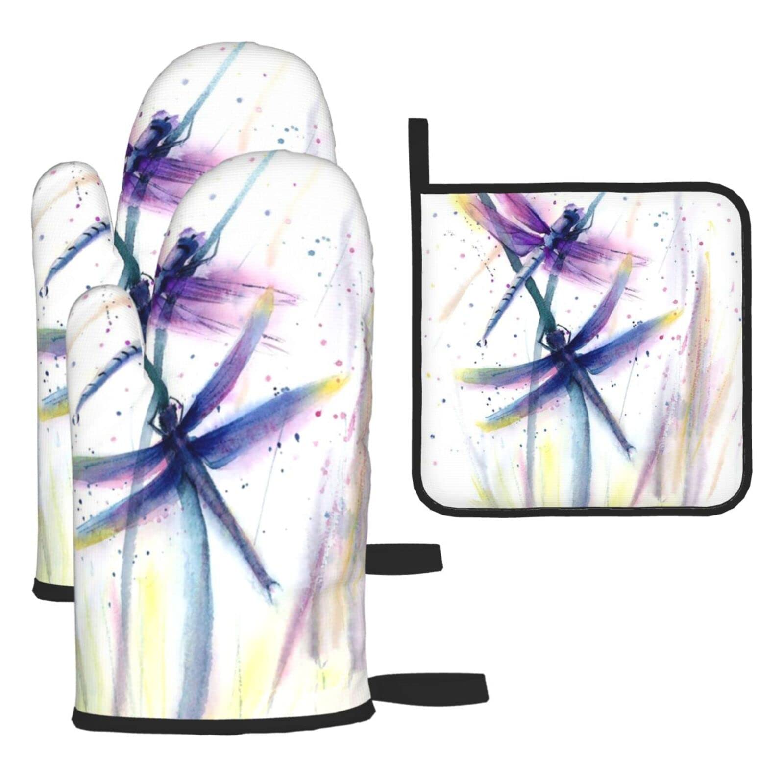 Colorful Dragonfly Printed Kitchen Baking Three-Piece Heat-Resistant Thick Cotton Oven Gloves for Cooking and Baking.