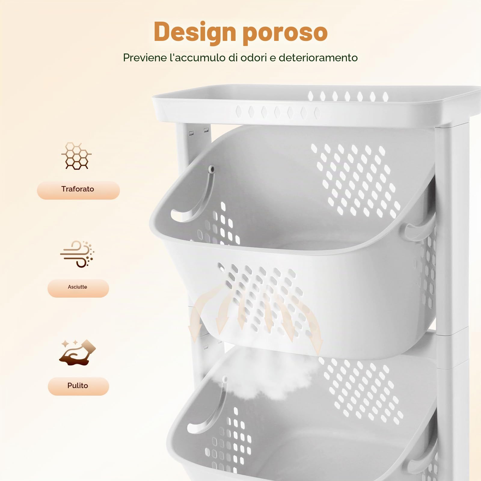 Cesto portabiancheria su rotelle, con 3 scomparti, in polipropilene, per vestiti, giocattoli, 43 x 33 x 109 cm, bianco