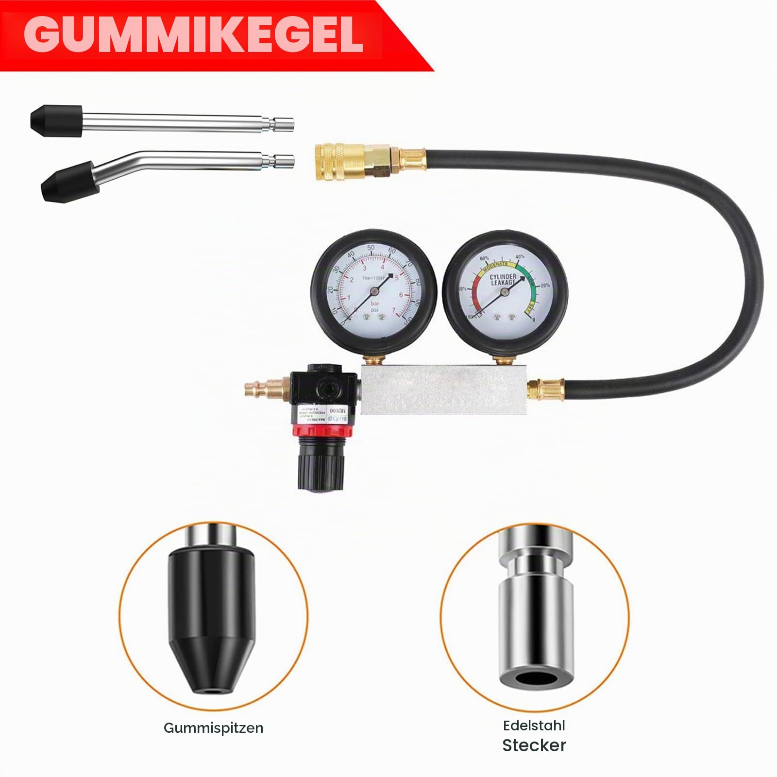 Druckverlust Leck Tester Undichtigkeiten prüfen Ventile Kolbenringe Kopfdichtung Motortester Druckverlustprüfer Zylinderdruck messen Prüfgerät