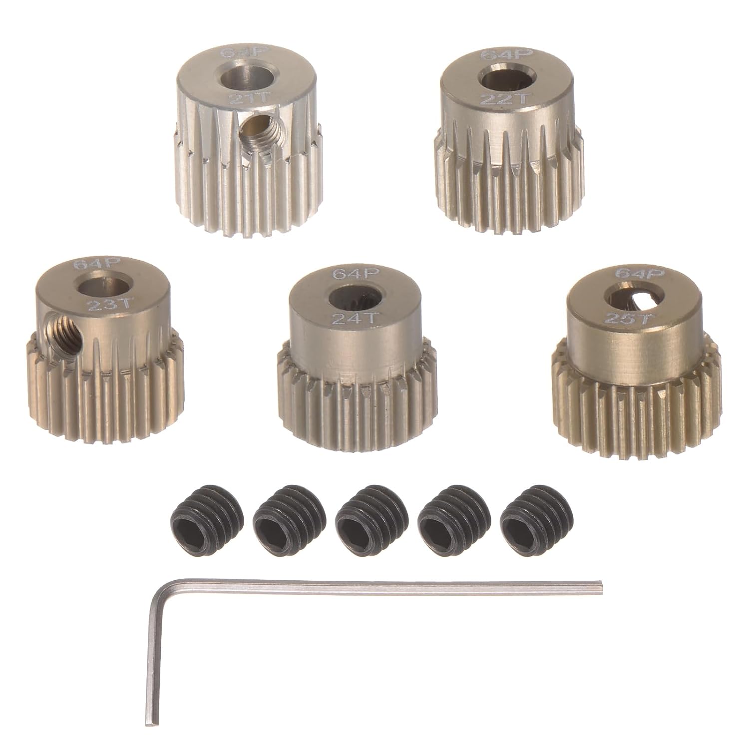 uxcell 64P Pinion Gear Set 3.175mm (1/8") Shaft 21T 22T 23T 24T 25T Aluminum Alloy Motor Gears for 1/10 RC Car (5pcs)