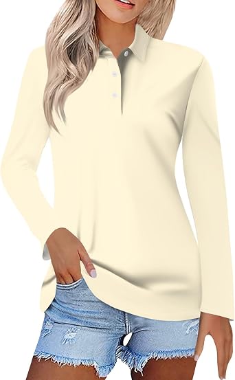 Womens Polo Shirts Fashion Long Sleeve Collared Polo Shirt Button Down Solid Casual Soft Loose Comfortable Golf Tops