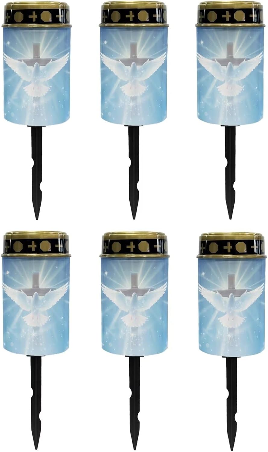 Poceacles Cross Outdoor Solar Lights - Waterproof Grave Stake Lights - Solar Powered Lanterns - Blue Dove of Peace Cross, Pack of 6