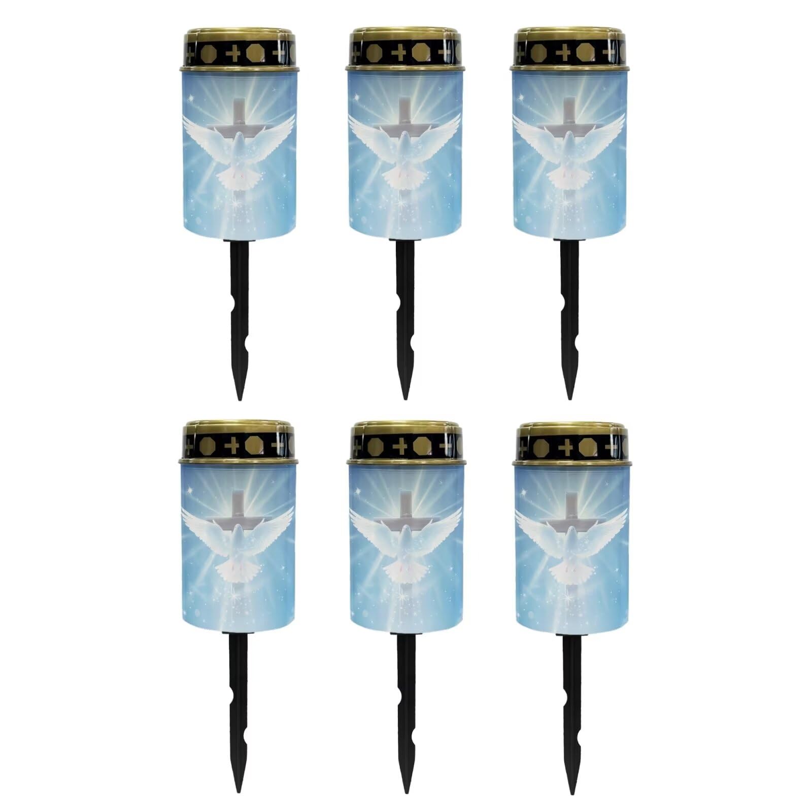 Poceacles Cross Outdoor Solar Lights - Waterproof Grave Stake Lights - Solar Powered Lanterns - Blue Dove of Peace Cross, Pack of 6