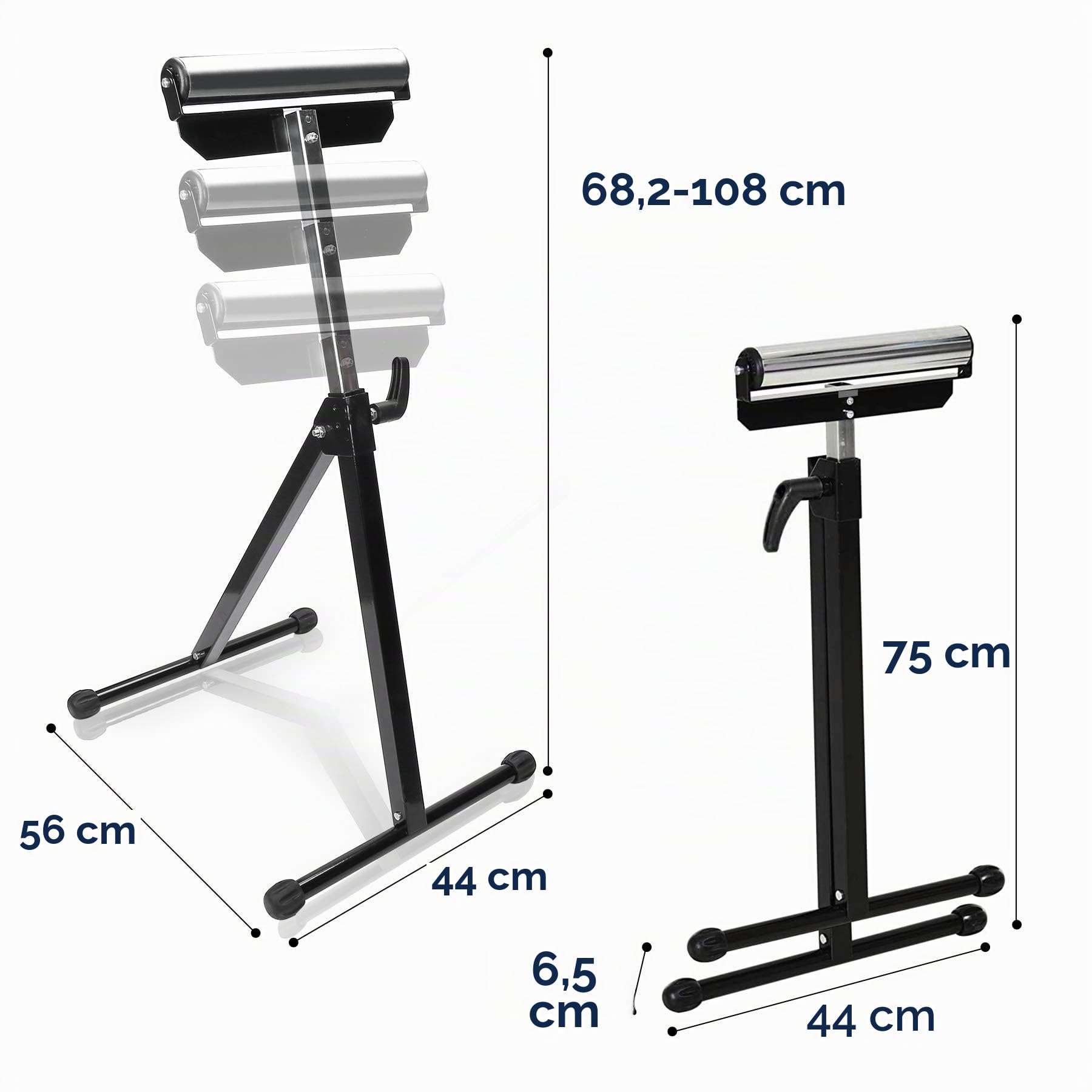 2x Support à rouleau, Support à rouleau réglable en hauteur de 68-108CM, Support à rouleau pliable avec pieds antidérapants, Support jusqu’à 90 kg