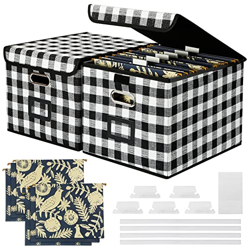 Seekind Office File Box With Lid, Storage File Boxes Decorative, Cute Hanging File Organizer Box, Portable Office Document Storage Linen Filing Box With Plastic Slide,3 Folders, For Letter/Legal Folder (Black & White Lattice- 2Pack) … #TOP17