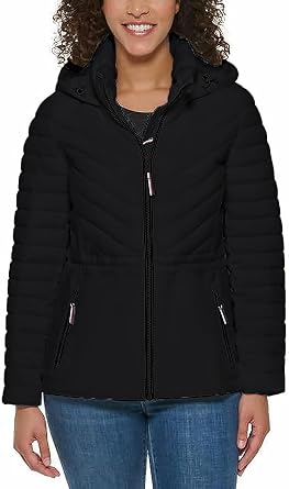 Tommy Hilfiger Womens Puffer Lightweight Hooded Stretch Jacket with Drawstring
