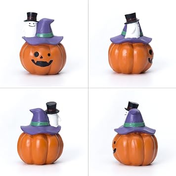 Halloween Miniature Pumpkin Figurines Set of 3,Witch Hat or Mini Ghost on Pumpkin Halloween Table Top, Fireplace Mantle, Shelf Decorations Indoor