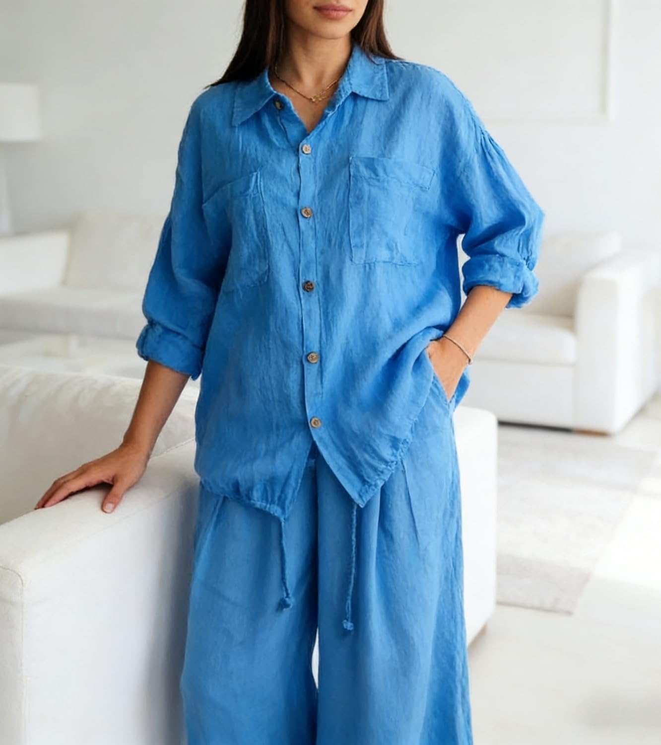 Women's Casual and Cozy Minimalist Linen Two-Piece Set Casual Loose Cotton Linen Solid Color Shirt Button Wide Leg Pants
