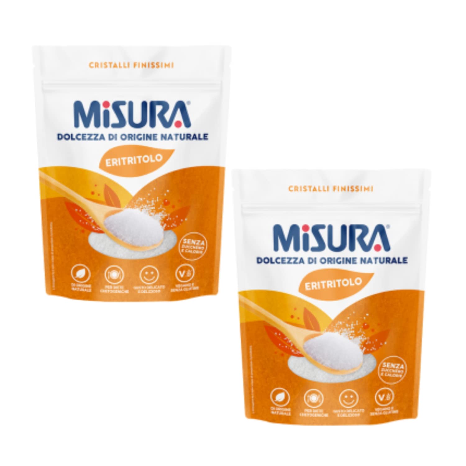 Misura | Eritritolo Origine Naturale | Eritritolo 100% Senza Calorie e Zucchero | Dolcificante Naturale 2 Sacchetti Senza Retrogusti - 2 x 370 Gr | Delicato Vegano e Senza Glutine