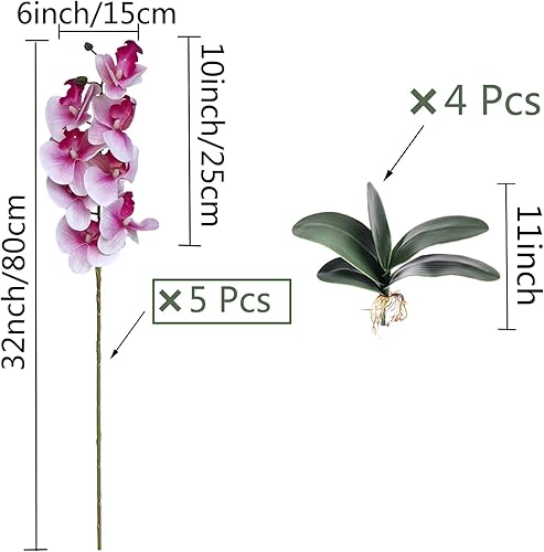 Miniatura 2 de HinyoCo 5 piezas de orquídeas artificiales y 4 paquetes de hojas, flores artificiales de Phalaenopsis de 32 pulgadas para decoración del hogar y