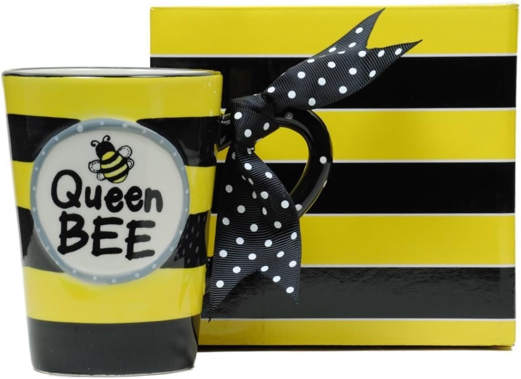 Whimsical Queen Bee 13 oz Coffee Mug with Polka Dot Bow on Handle Gift Boxed