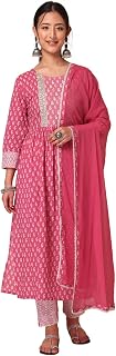 Indya Women Pink Paisley Print Zari Embroidered Cotton Kurta With Pants And Dupatta (Set of 3)