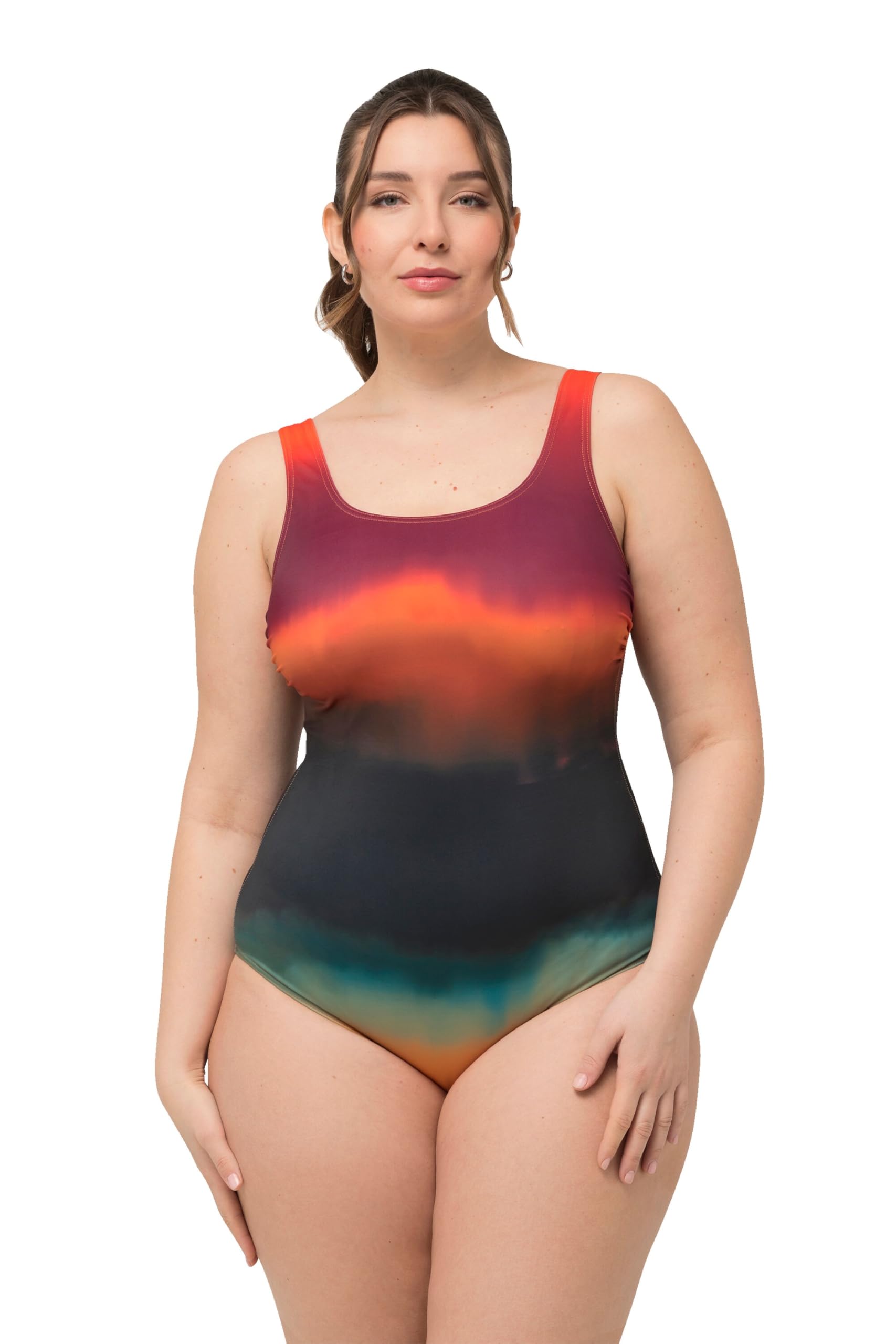 Ulla Popken, Ladies Plus Sizes Alice Softline Fire Tie Dye Swimsuit, Black, 54-56