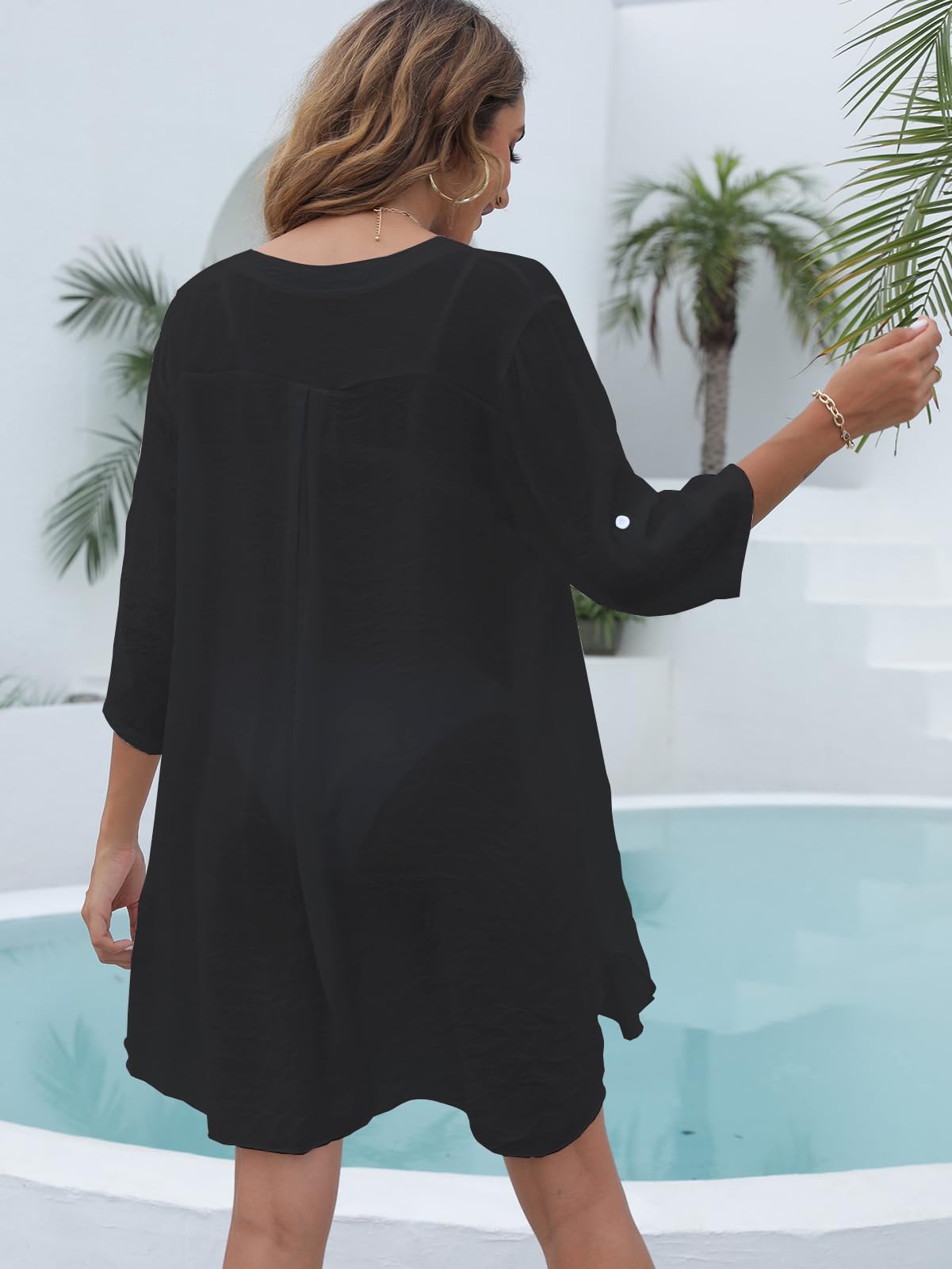 Rayson Copricostume Estiva Donna Mare Scollo a V Casual Copri Costume Arrotolate in Maniche a Sette Quarti La Tinta Unita Bikini Cover Up
