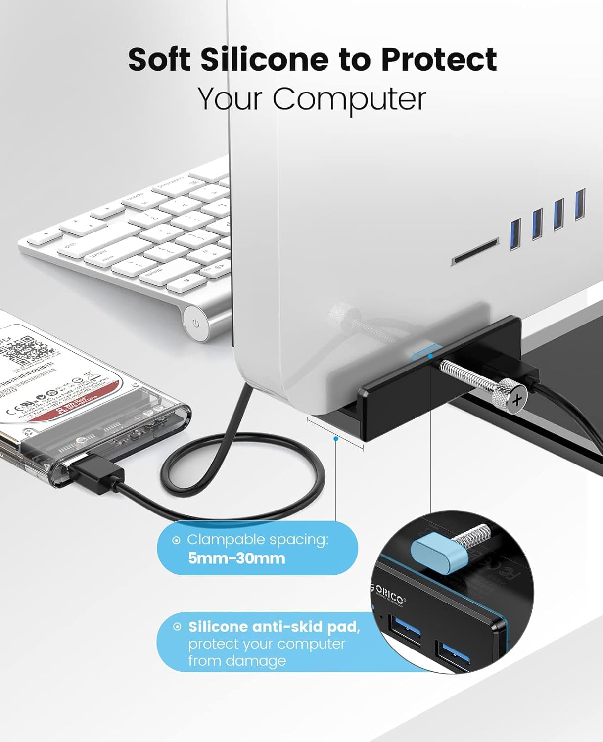 ORICO Hub USB 3.0, zacisk koncentratora USB, aluminiowy 4-portowy rozdzielacz USB z kablem do transmisji danych USB 4,92 FT, zasilany biurkiem koncentrator USB do monitorów/biurka, czarny (bez