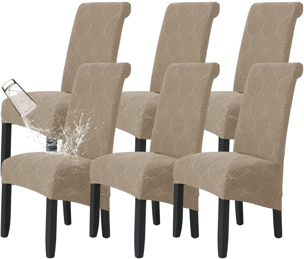 Waterproof Chair Covers for Dining Room Set of 6 Stretch XL/Oversized Extra Large Dining Chairs Cover Jacquard Parsons Chair Slipcover for Home Restaurant Banquet, Sandy