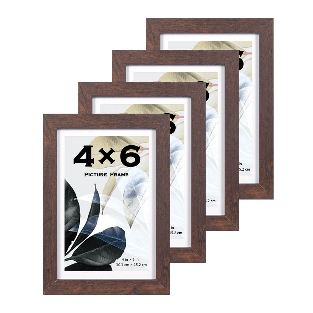 Scholar Tree Walnut Wooden 6X4 Inch Picture Photo Frame, Set Of 4，Freestanding And Wall Mountable