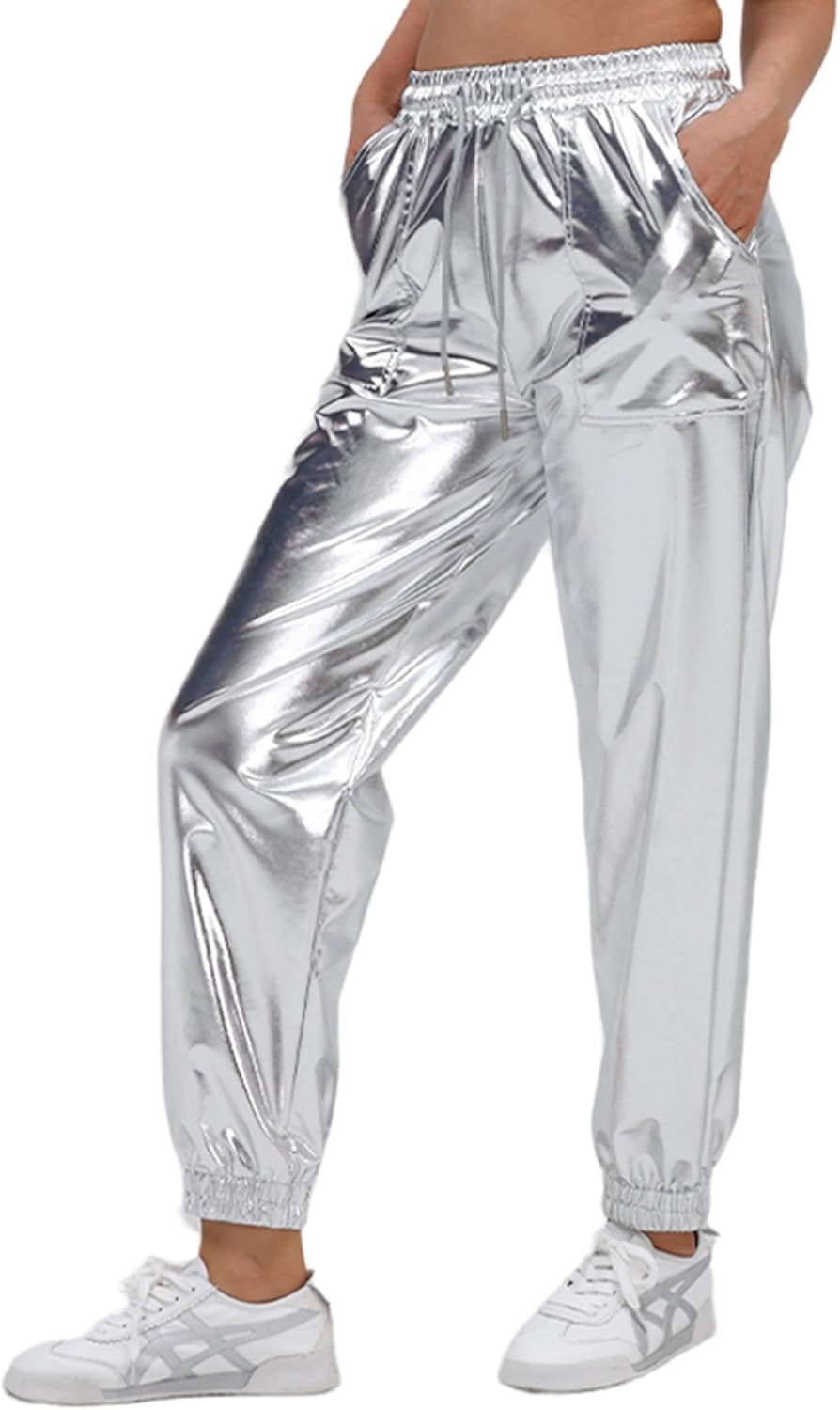 Womens Drawstring Cargo High Waist Jogger Pants Sexy Metallic Sparkly Wide Leg Pants Trousers Clubwear - Image 4