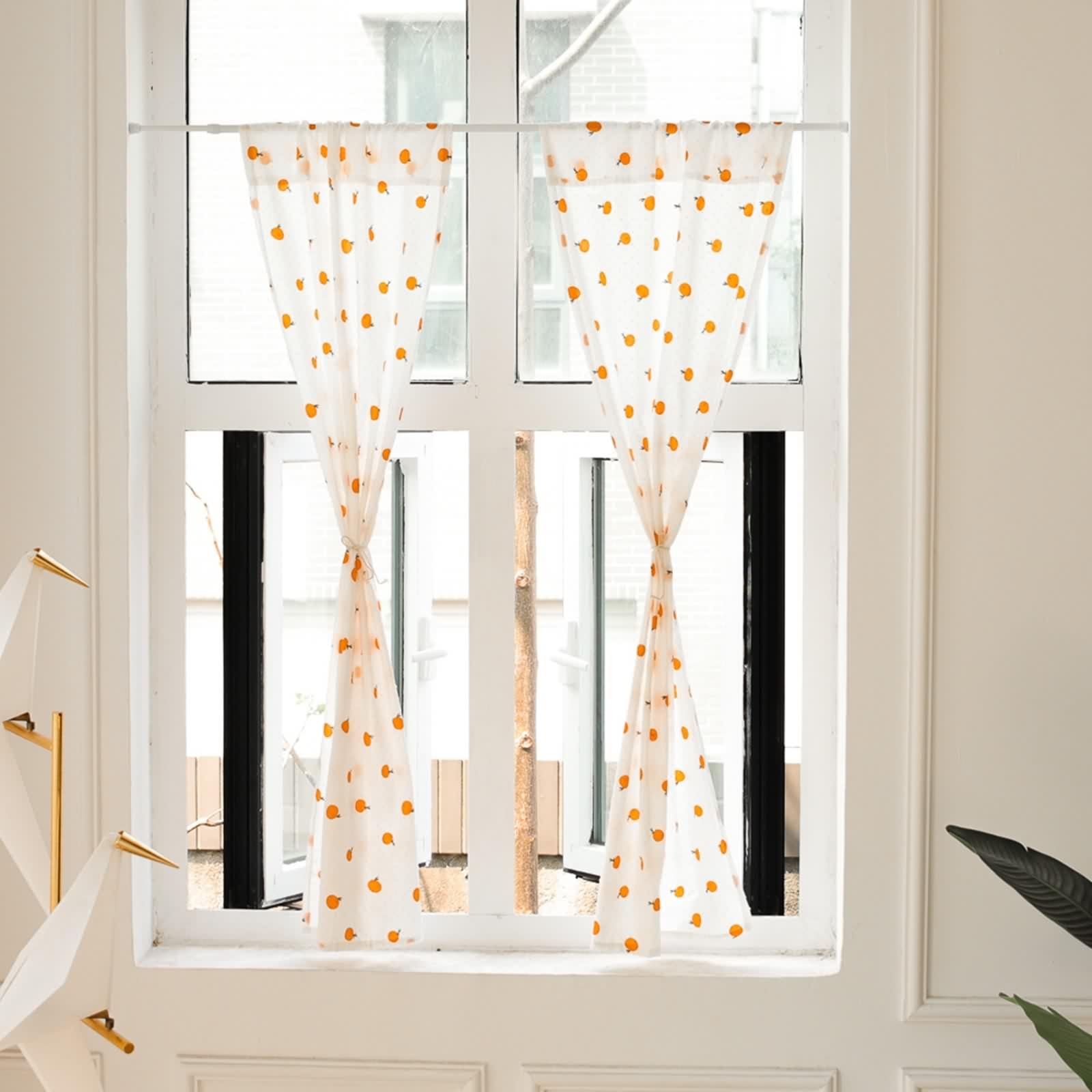 Bistrogardine 2er Set, Beige Orange Küchenvorhang Baumwolle Kurzgardinen Scheibengardinen Orangefarbenes Muster BxH 140x140cm