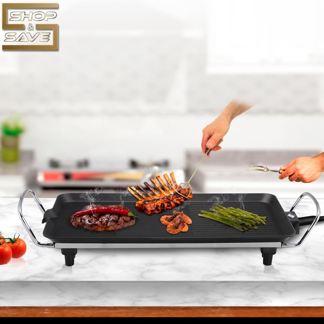 Plancha de Asar 1500 W Potencia, 47 X 27 CM, 230V, Termostato Ajustable, 5 Ajustes de Temperatura