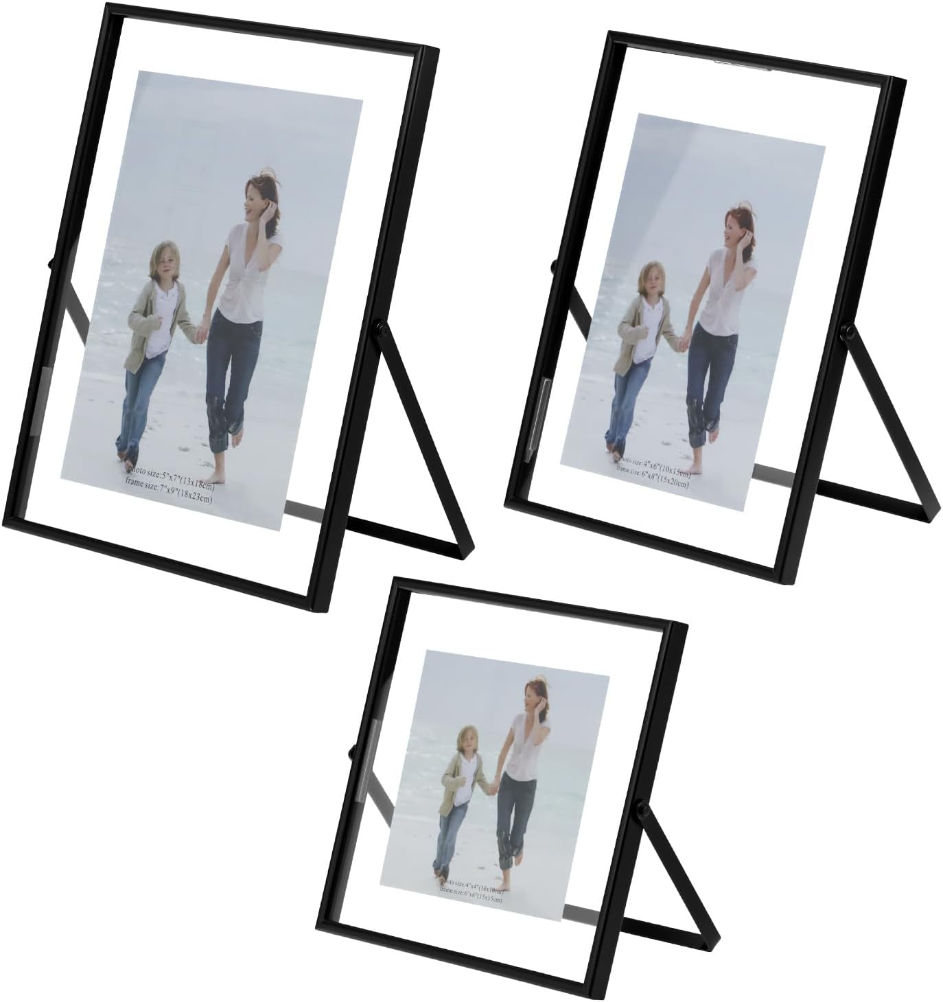 QWORK Black Metal Floating Picture Frames Set of 3 (5x7, 4x6, 4x4) – Double Glass Photo Frames for Tabletop Display, Minimalist Geometric Design Frames for Home Decor, Wedding
