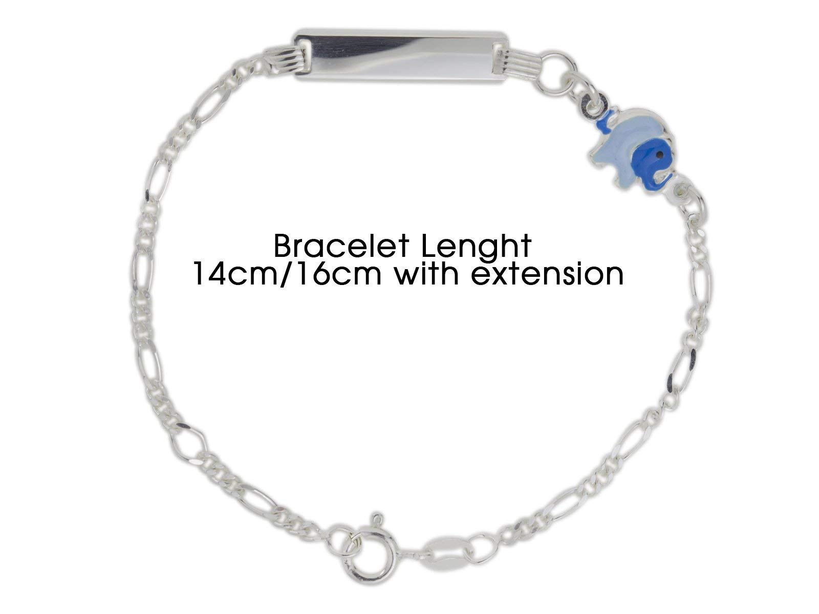 Aka Gioielli® - Bracciale Targhetta Identificativa Bambino Argento 925 con Elefante Azzurro Smaltato, Idea Regalo