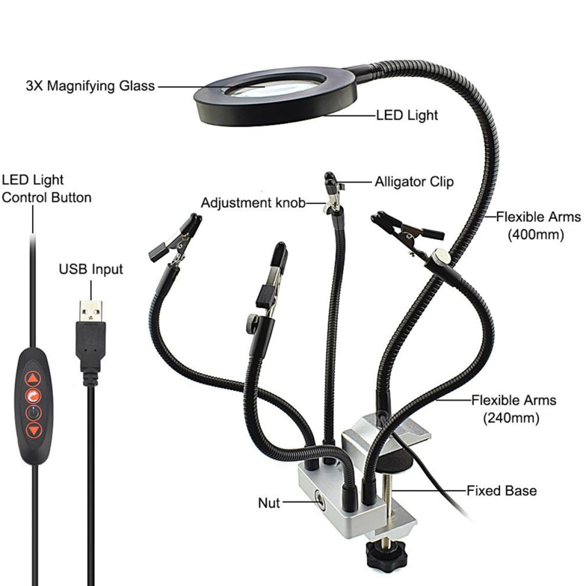 LED Lupen Tischlampe mit 360° Flexiblem Gelenk Dimmbare 11 Stufen LED Beleuchtung Klemmbare Schweiß und Reparaturlampe für Elektronik Basteln und Schmuck