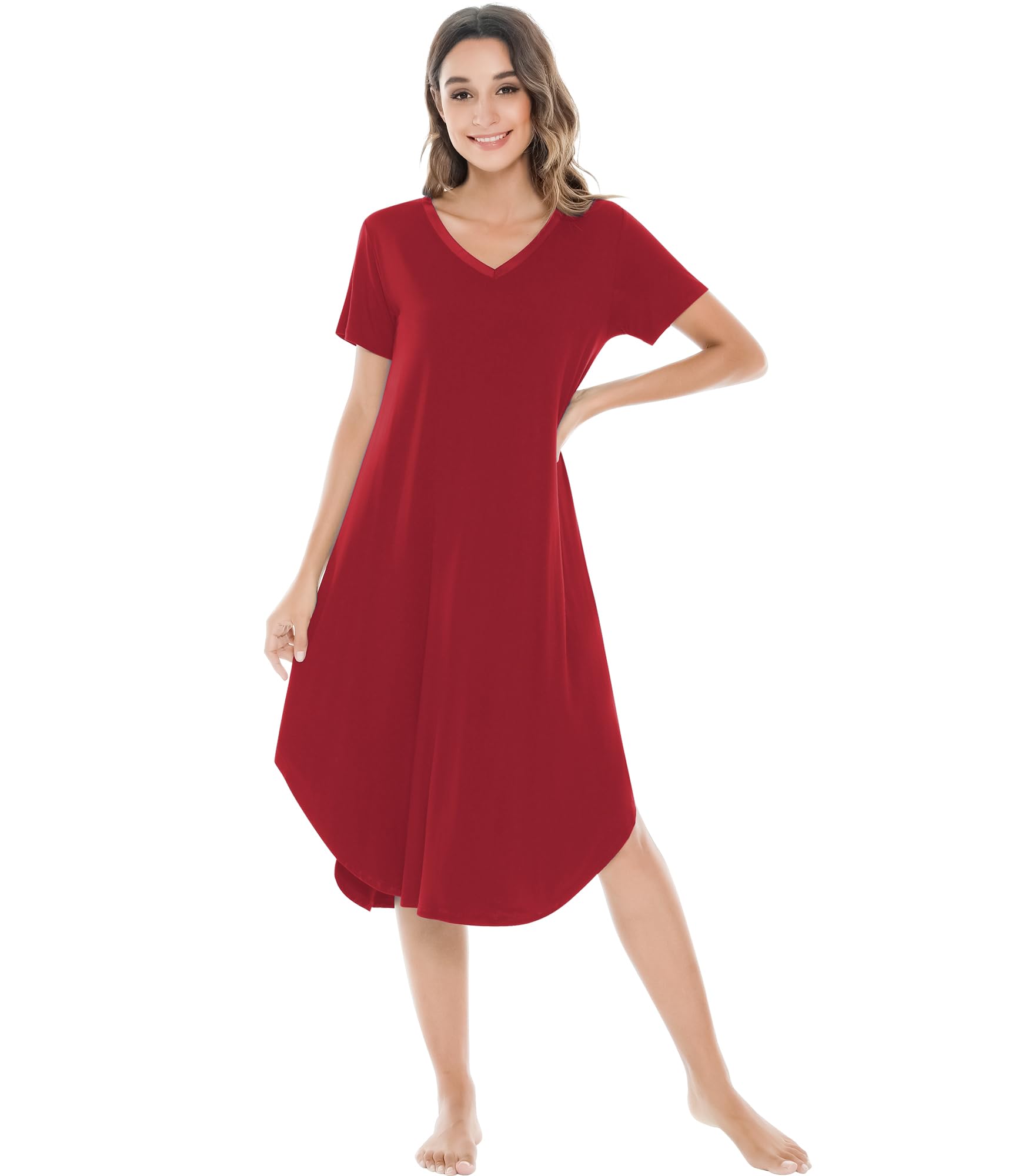 NACHILA Bamboo Viscose Nightgowns for Women Cooling Short Sleeve Sleepshirt | Soft V Neck Night Gowns, Moisture-Wicking Sleepwear for Hot Flashes &amp; Night Sweats, Ladies Nightshirts for Sleep, Home, Gift