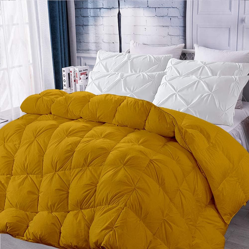 Gold All-Season Luxury - Pintuck Style 100% Organic Cotton Queen/Full Size 88" x 92" 3-Piece Pinch Pleat Comforter with 2 Pillow Cases, 500 GSM - Machine Washable