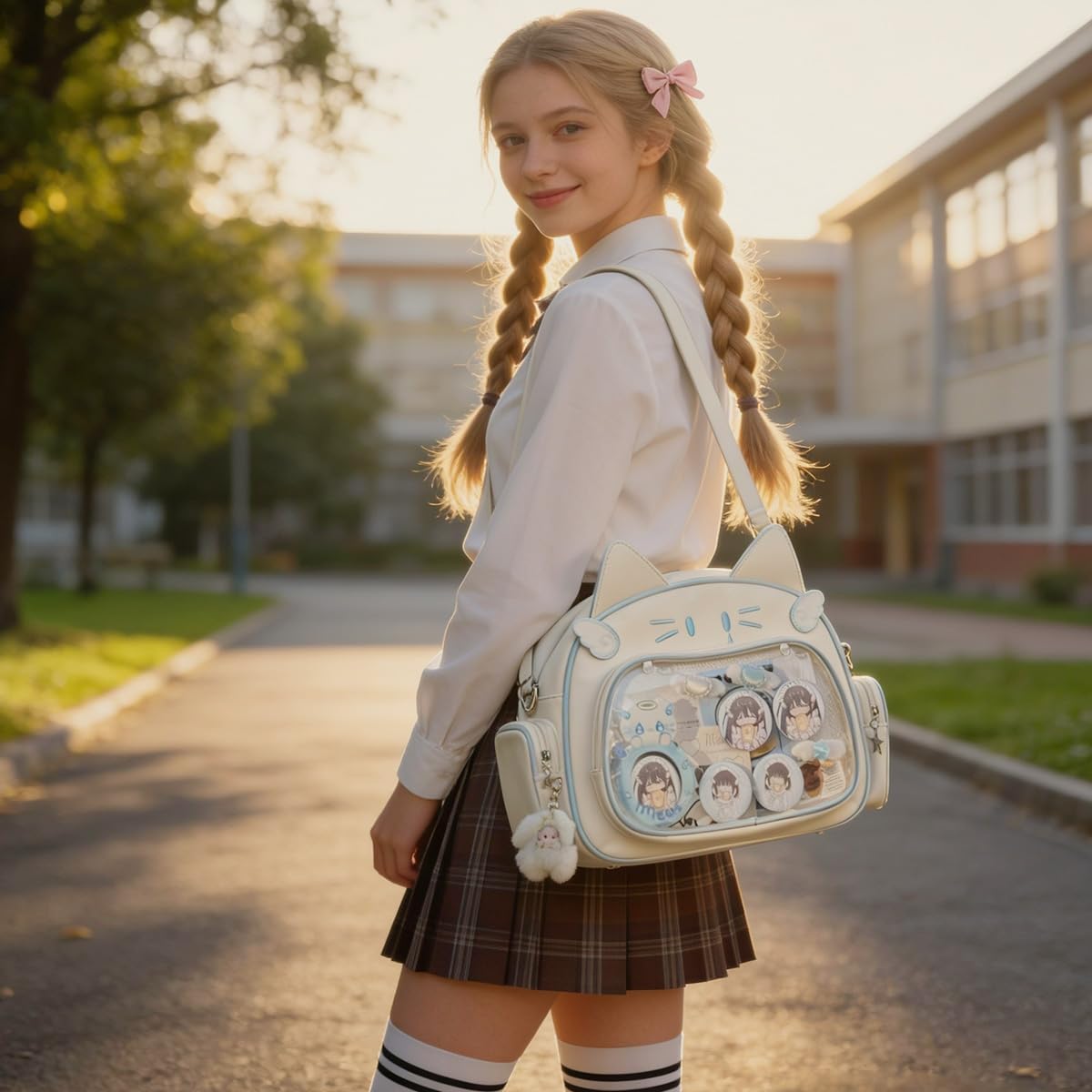Ita Bag Cat Edition, Clear Panel Backpack for Pin & Badge Display, Vegan Leather Preppy Style, Y2K Kawaii Convertible Shoulder, Hand-Carry Tote