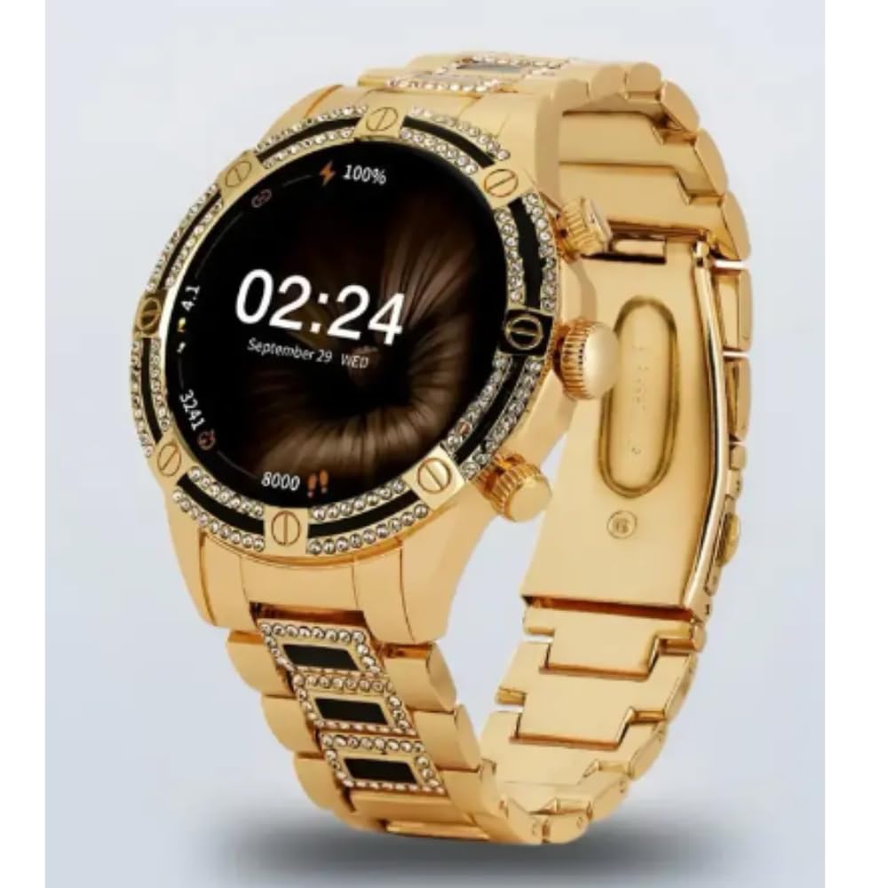 Drumstone Gen 17 German Crystal Diamond Smartwatch, 1.5" Round Display, Bluetooth Calling, Rose Beige Strap