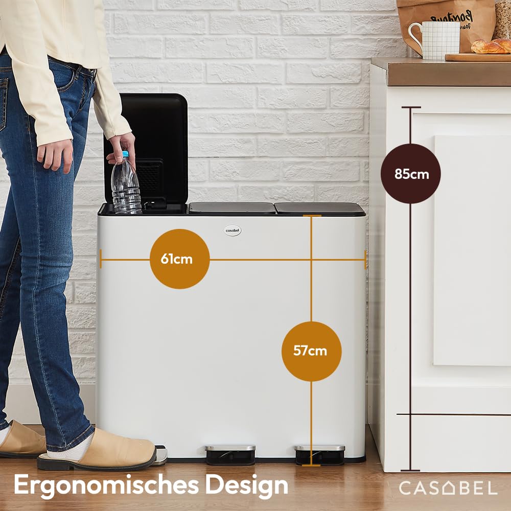 CASABEL Dreifach-Küchenabfalleimer 3x20L, 3 Pedale, Edelstahl, weiß | Dreifachfach, Mülltrennung, 60L, dichte Deckel, fingerabdruckresistent, herausnehmbare Eimer, pflegeleicht