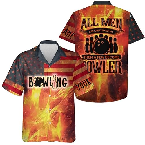 Custom Mens Bowling Shirts, Hawaiian Shirt for Men Bowling Jerseys for Men, American Flag Flame Bowlers Custom Hawaiian Shirts All Created Equal Few Become Bowler, Vintage Short Sleeve Casual Apparel