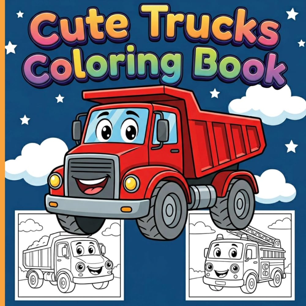 Cute Trucks Coloring Book: Adorable Dump Trucks and Diggers with Joyful Faces inside Neat Borders for Fun Toddler Relaxing Art