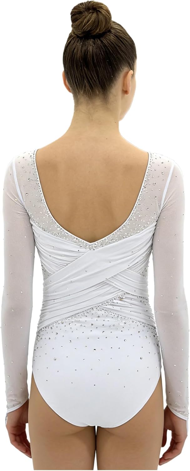 Linjinx Women Gymnastics Dance Leotard V Neck Glittery Rhinestone Long Sleeve Crossing Ruched Mesh Ballet Bodysuit