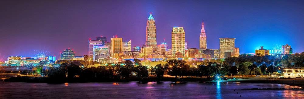 PHOTOSBYJON Cleveland Skyline 2018 Photo Print UNFRAMED Night Color City Downtown 11.75 inches x 36 inches Ohio Photographic Panorama Poster Picture Standard Size