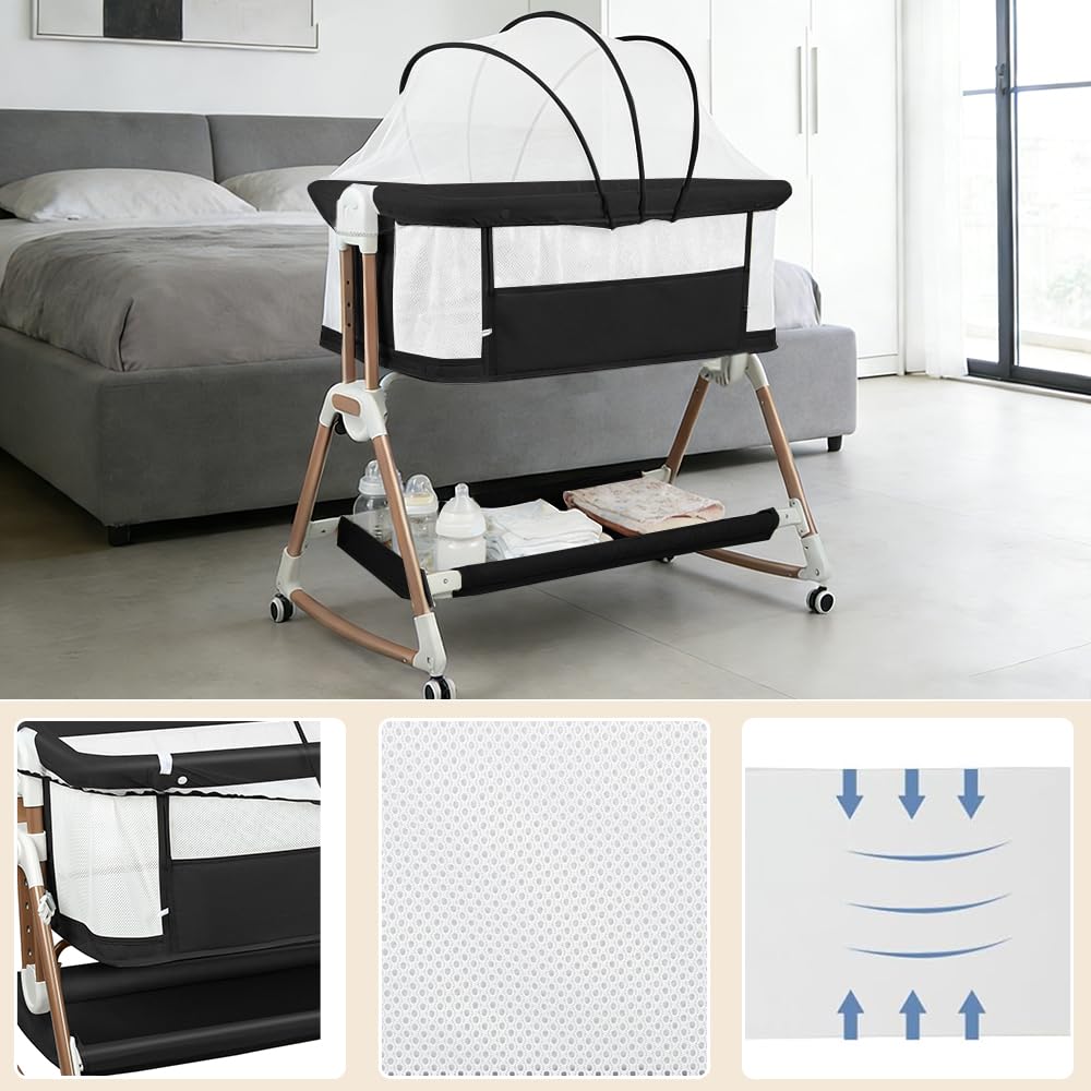 HUOLE Baby Beistellbett Höhenverstellbar, Babybett mit Matratze & Rollen, Tragbares Reisebett für Baby 0-6 Monate, Stubenwagen mit Aufbewahrungskorb, 90 x 60 x 90–115 cm – Schwarz + Gold