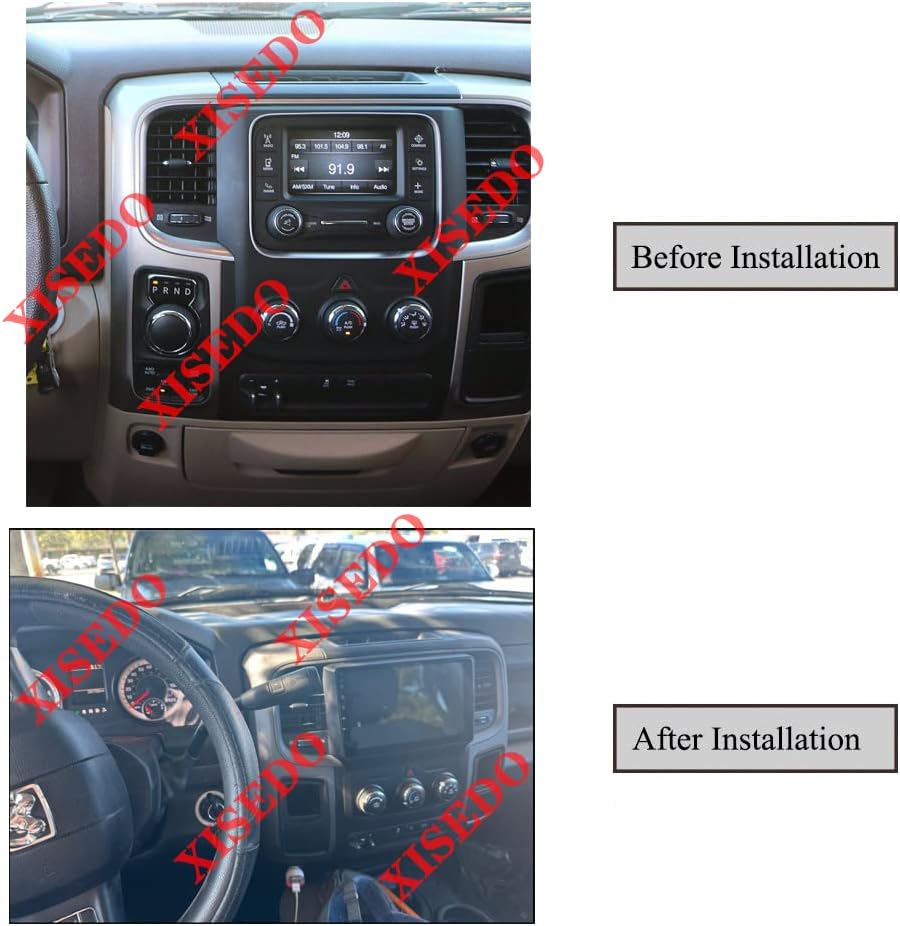 Before and after installation of the car stereo in a Dodge Ram