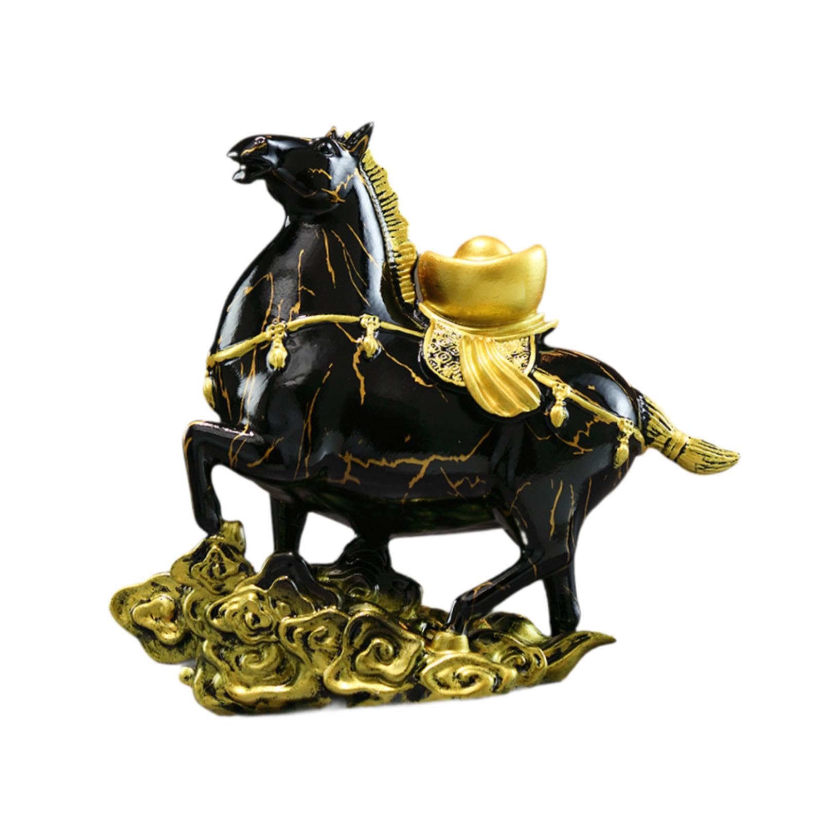 Statue de cheval Feng Shui noir et or idéale sur une armoire de salon