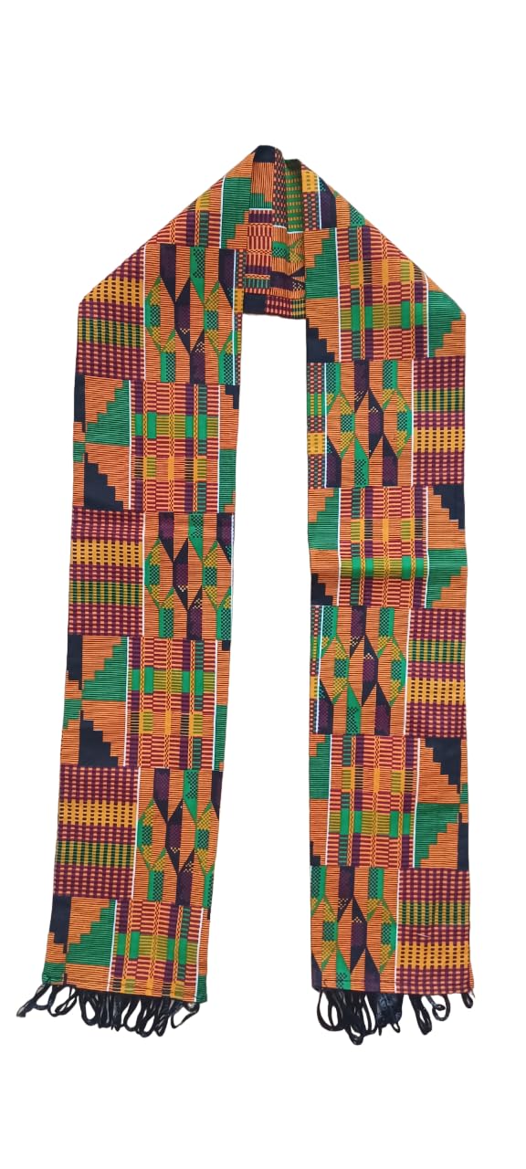 African Kente Cloth print Scarf Stole Green With Black Tassels