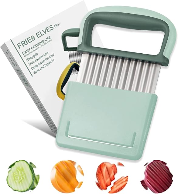 Crinkle Cutter, Stainless Steel Crinkle Chip Cutter French Fries Vegetable Cutter Wavy Blade Potato Slicer Dishwasher Safe Green)